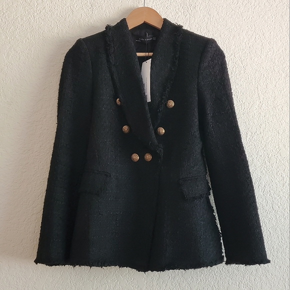 ZARA TEXTURED TWEED BLAZER BLACK GOLD BUTTONS size XS - Picture 7 of 8